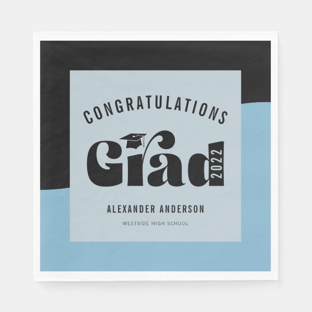 Retro Text Light Blue and Black Graduation Napkins (Front)