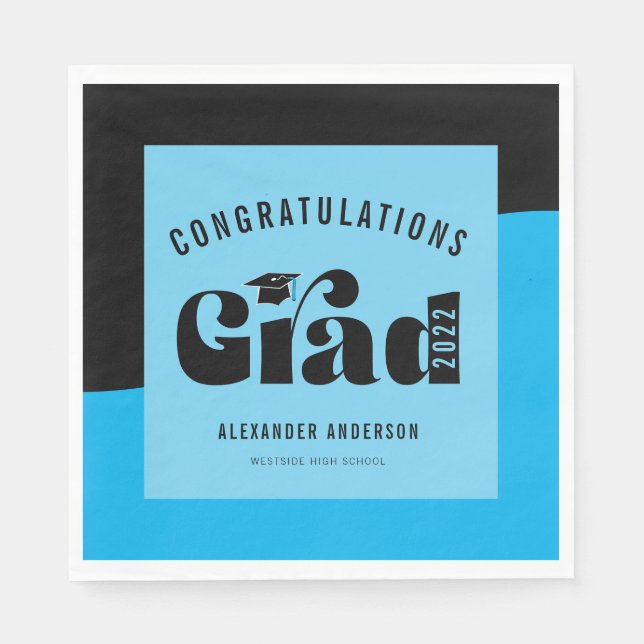 Retro Text Light Bright Blue and Black Graduation Napkins (Front)