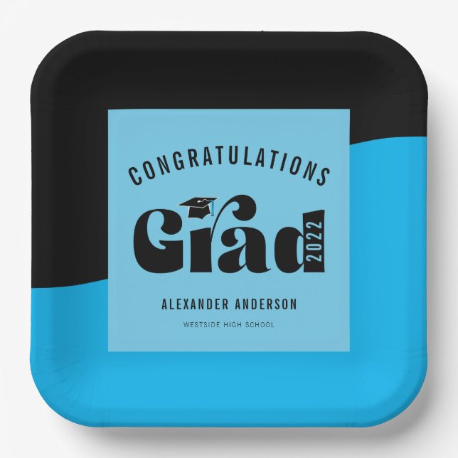 Retro Text Light Bright Blue and Black Graduation Paper Plates (Front)