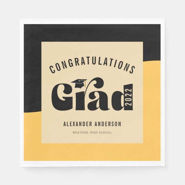 Retro Text Light Gold and Black Graduation Napkins (Front)