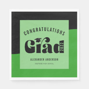 Retro Text Light Green and Black Graduation Napkins