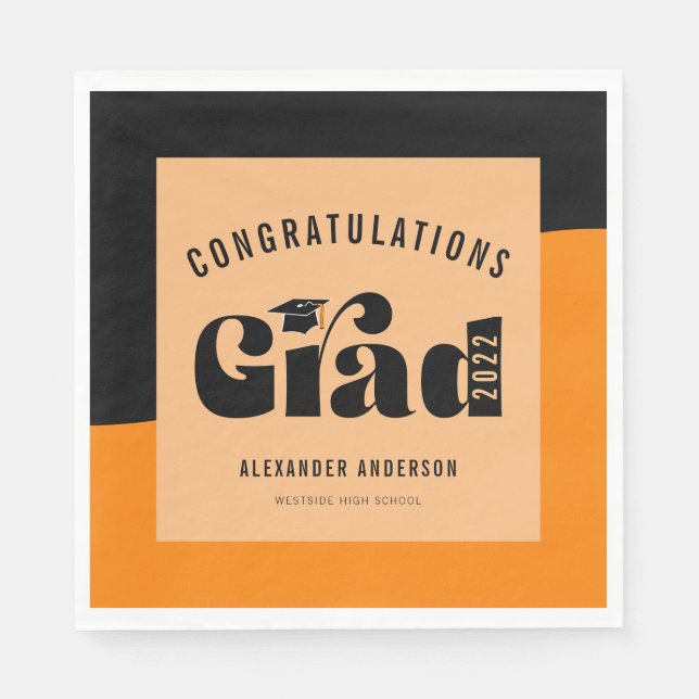 Retro Text Light Orange and Black Graduation Napkins (Front)