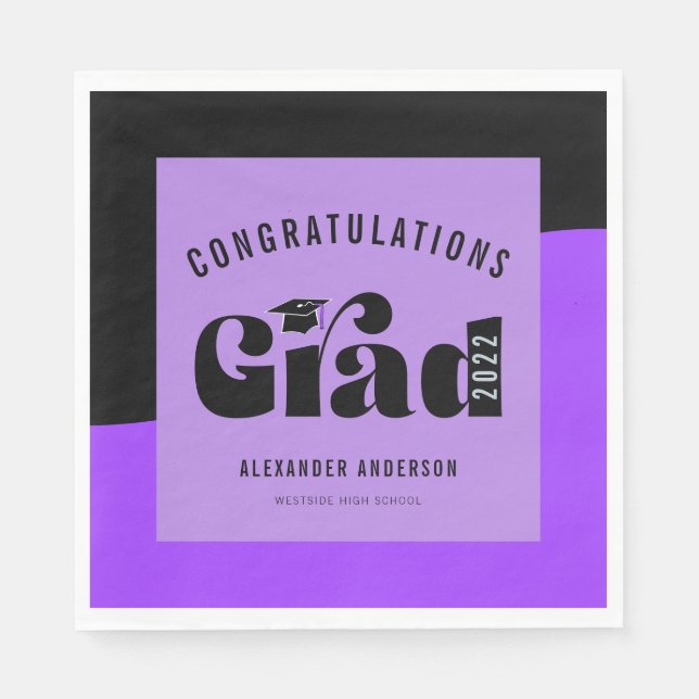 Retro Text Light Purple and Black Graduation Napkins (Front)