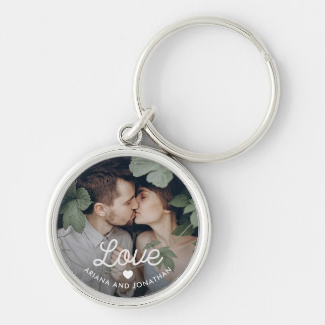 Retro Text | Love with Heart and Your Photo Keychain (Front)