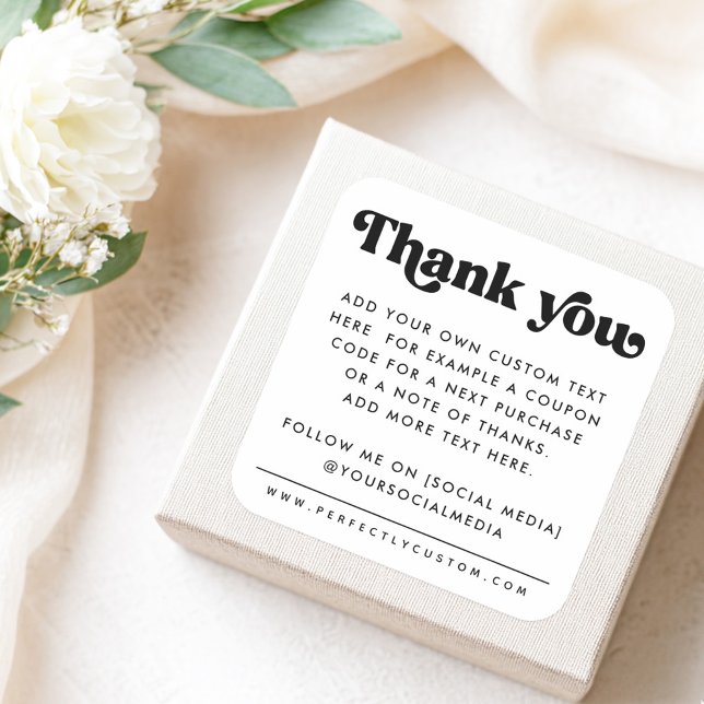 Retro thank you custom text white business square sticker (Retro thank you custom text white business square sticker)