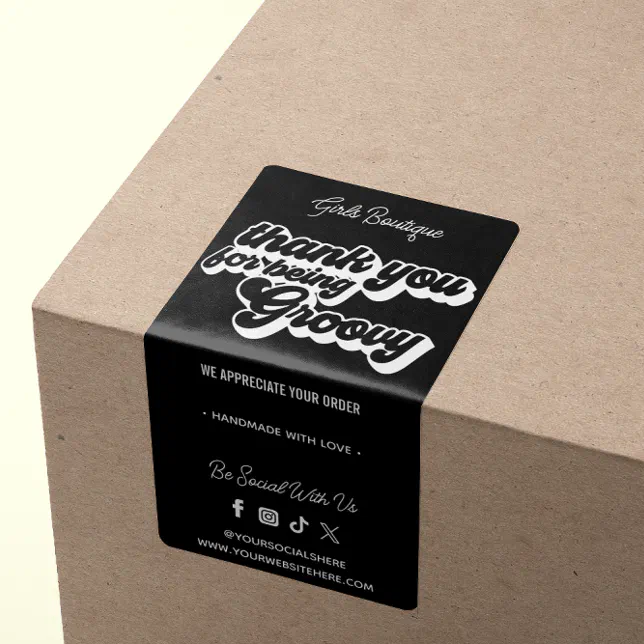Retro Thank You For Purchase Groovy Black & White Label | Zazzle