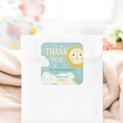 Retro Thank you Sun and Clouds baby shower Square Sticker
