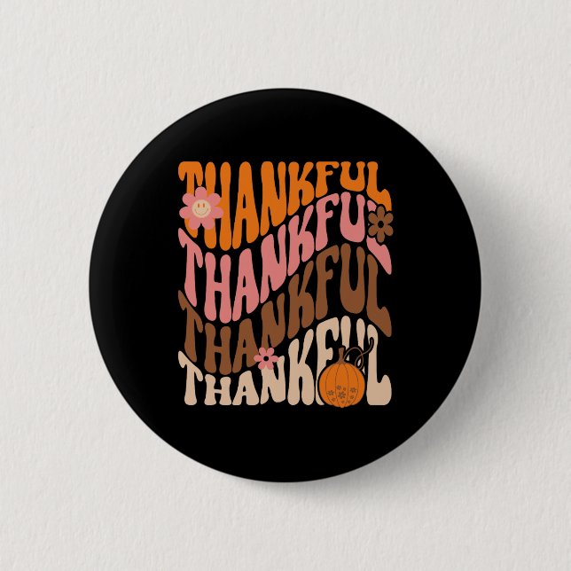 Retro Thankful Love Fall Thanksgiving Groovy Pumpk Button (Front)
