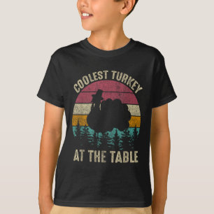 Retro Thanksgiving Coolest Turkey At Table Boys Ki T-Shirt