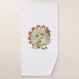 Retro Thanksgiving Turkey - Vintage Floral Bath Towel