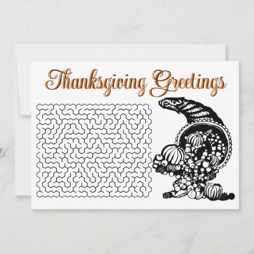 Retro Thanksgiving Wishes Maze and Horn of Plenty Holiday Card