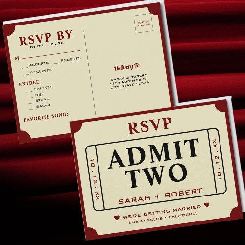 Retro Theater Admit Two Ticket Stub Wedding RSVP Postcard