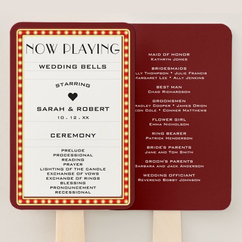 Retro Theater Marquee Sign Red Wedding Program Hand Fan