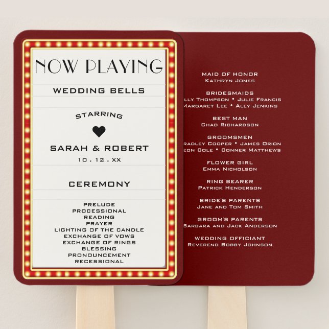 Retro Theater Marquee Sign Red Wedding Program Hand Fan (Retro Cinema Theater Marquee Sign Red Wedding Program Hand Fan)