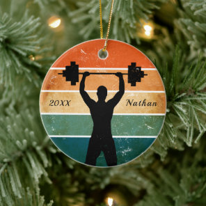 Retro Theme Weightlifter Weightlifting Name Year Ceramic Ornament