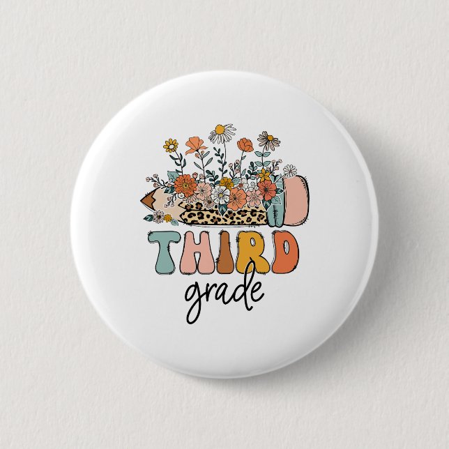 Retro Third Grade Teachers Leopard Ck To School St Button (Front)