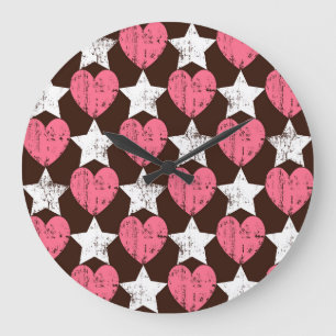 Retro Threadbare Hearts Stars Texture Large Clock