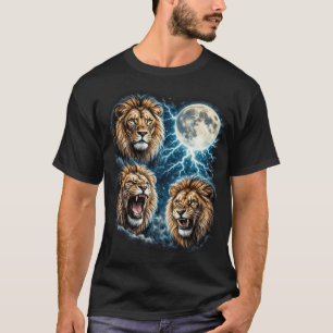 Retro Three Lion Moon Lightning Roaring Wildlife T-Shirt