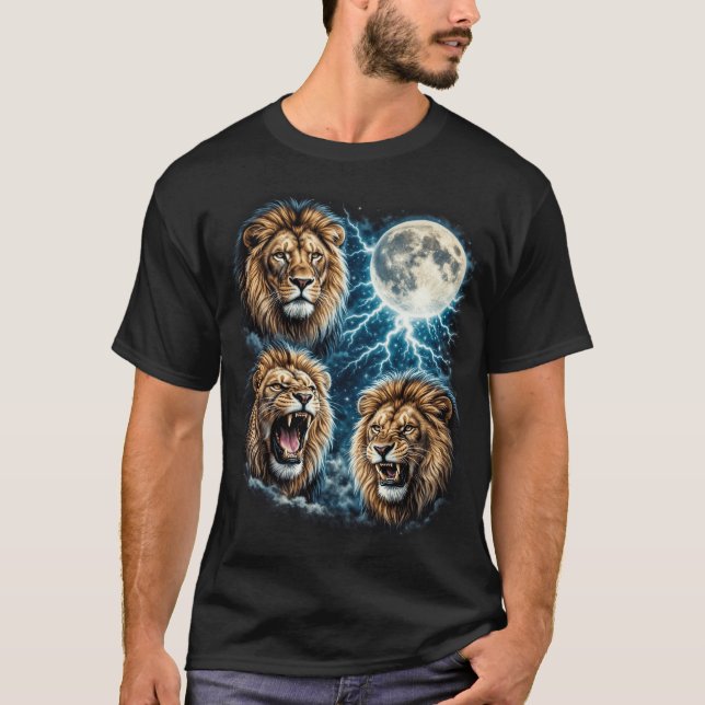 Retro Three Lion Moon Lightning Roaring Wildlife  T-Shirt (Front)