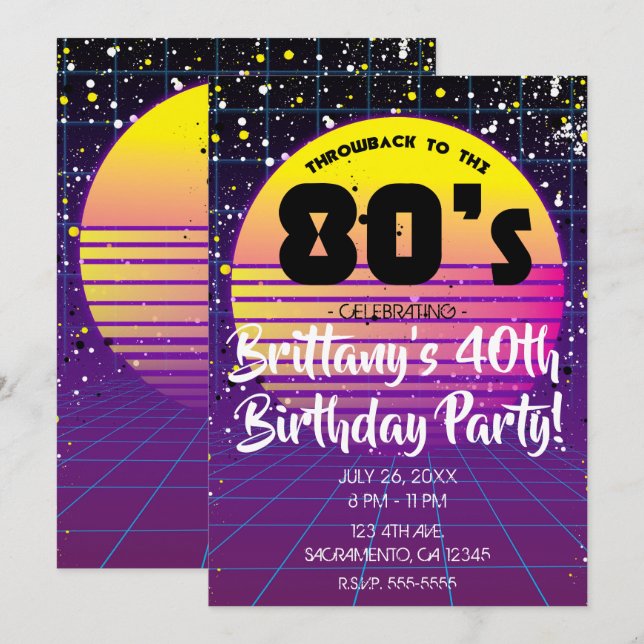 Retro Throwback to 80's Purple Yellow Sun Party Invitation (Front/Back)