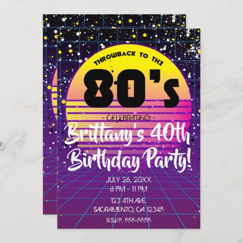 Retro Throwback to 80s Purple Yellow Sun Party Invitation