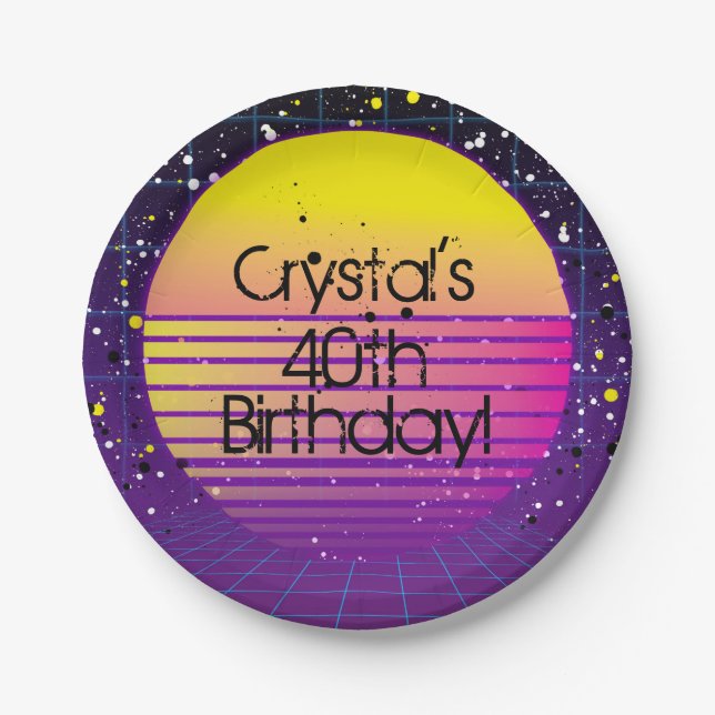 Retro Throwback to 80's Purple Yellow Sun Party Paper Plates (Front)