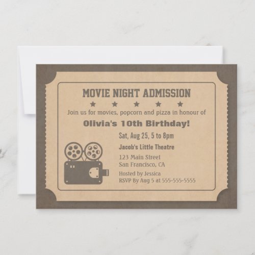 Retro Ticket Movie Night Birthday Party Invitation
