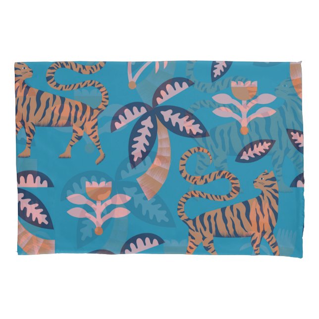 Retro tiger, palm tree, flower pattern pillow case (Front)