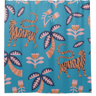 Retro tiger, palm tree, flower pattern shower curtain