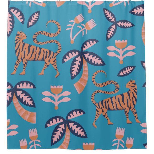 Retro tiger, palm tree, flower pattern shower curtain (Front)