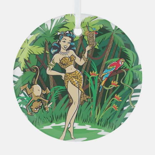 Retro Tiki goddess jungle cocktail Glass Ornament
