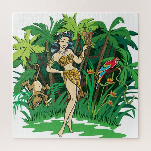 Retro Tiki goddess jungle cocktail Jigsaw Puzzle