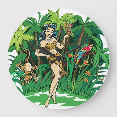 Retro Tiki goddess jungle cocktail Large Clock