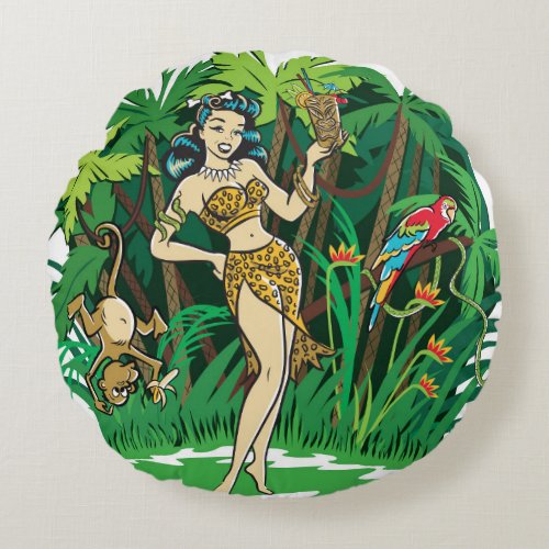 Retro Tiki goddess jungle cocktail Round Pillow