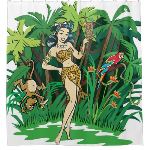 Retro Tiki goddess jungle cocktail Shower Curtain