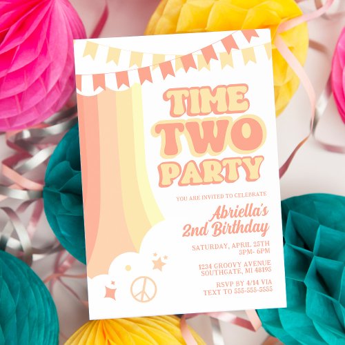 Retro Time Two Party 2nd Birthday Invitation