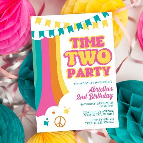 Retro Time Two Party 2nd Birthday Invitation