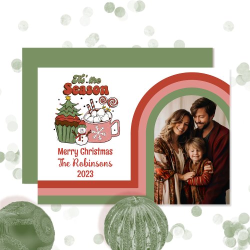 Retro Tis the Season Merry Christmas Family Photo Holiday Card