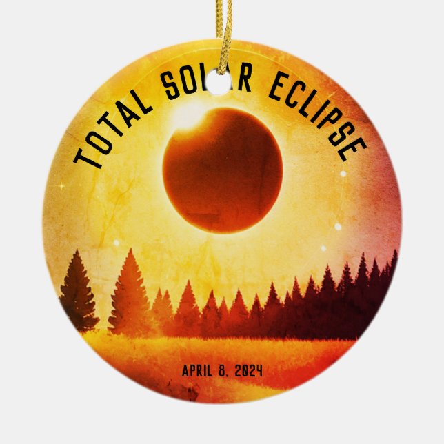 Retro Total solar eclipse April 8, 2024 landscape Ceramic Ornament (Front)