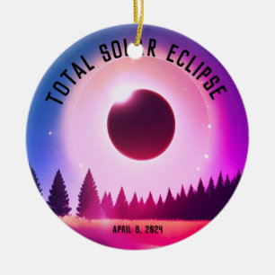 Retro Total solar eclipse April 8, 2024 landscape Ceramic Ornament