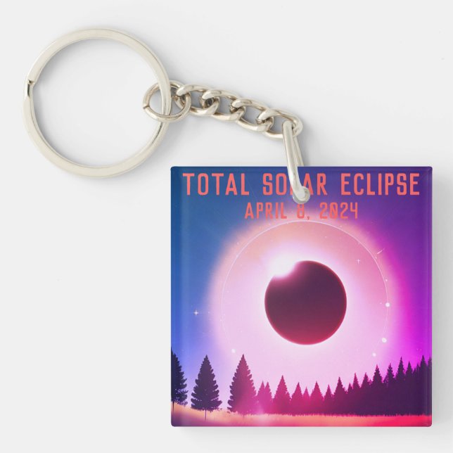 Retro Total solar eclipse April 8, 2024 landscape Keychain (Front)