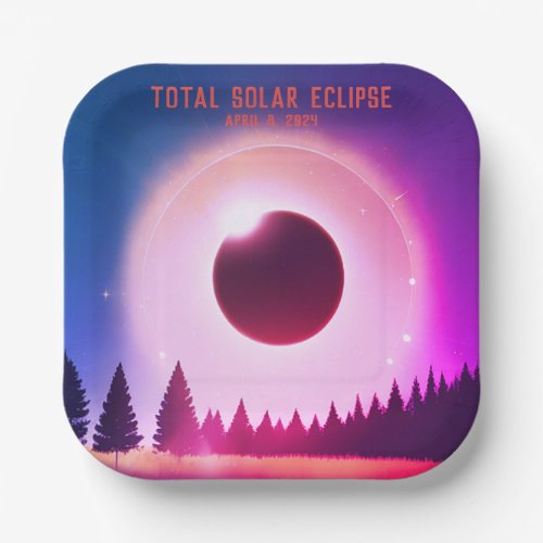 Retro Total solar eclipse April 8 2024 landscape Paper Plates