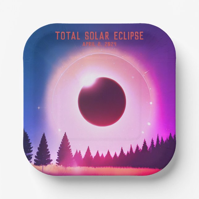 Retro Total solar eclipse April 8, 2024 landscape Paper Plates (Front)