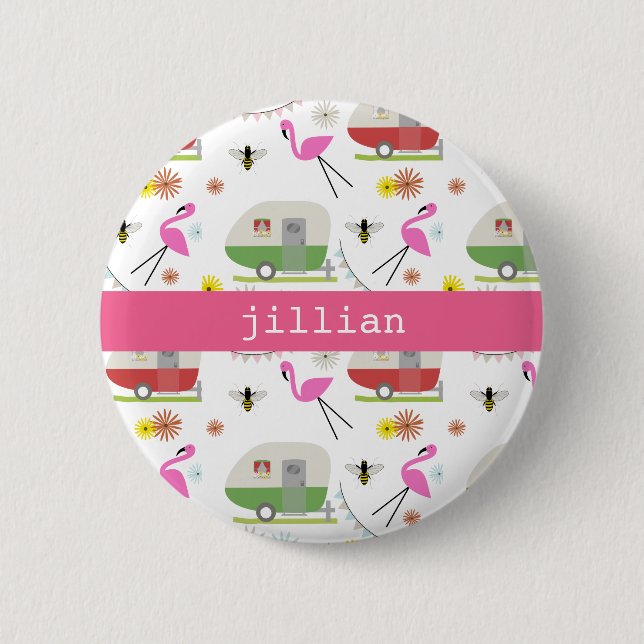 Retro Trailer & Flamingos Pattern Button (Front)