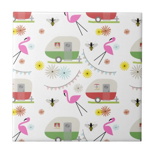 Retro Trailer  Flamingos Pattern Ceramic Tile