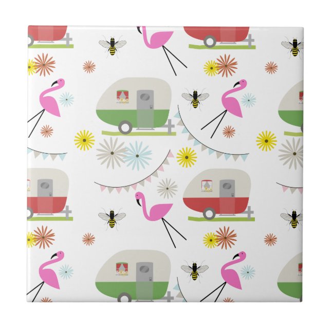 Retro Trailer & Flamingos Pattern Ceramic Tile (Front)