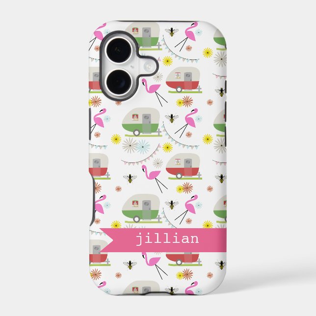 Retro Trailer & Flamingos Pattern Iphone Case (Back)