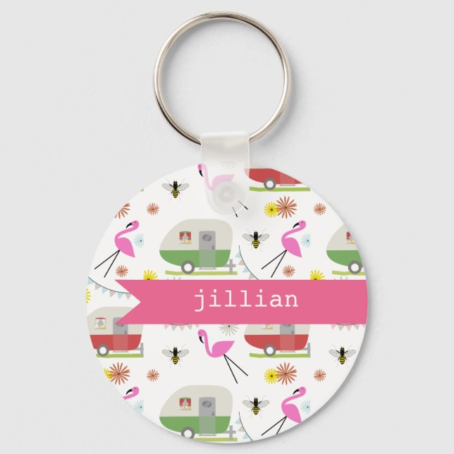 Retro Trailer & Flamingos Pattern Keychain (Front)