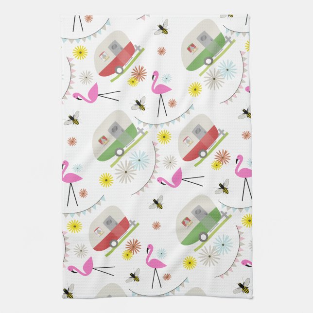 Retro Trailer & Flamingos Pattern Kitchen Towel (Vertical)