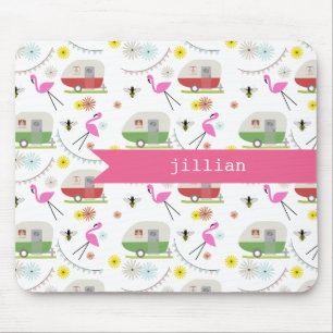 Retro Trailer & Flamingos Pattern Mouse Pad